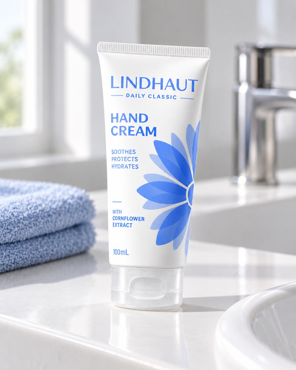 LINDHAUT Daily Classic tube on a bright bathroom counter beside folded blue towels