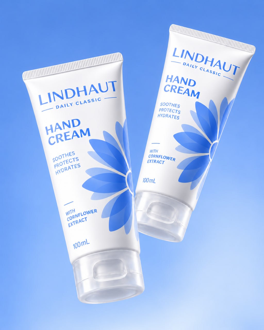 Two LINDHAUT Daily Classic tubes floating against a cornflower-blue background