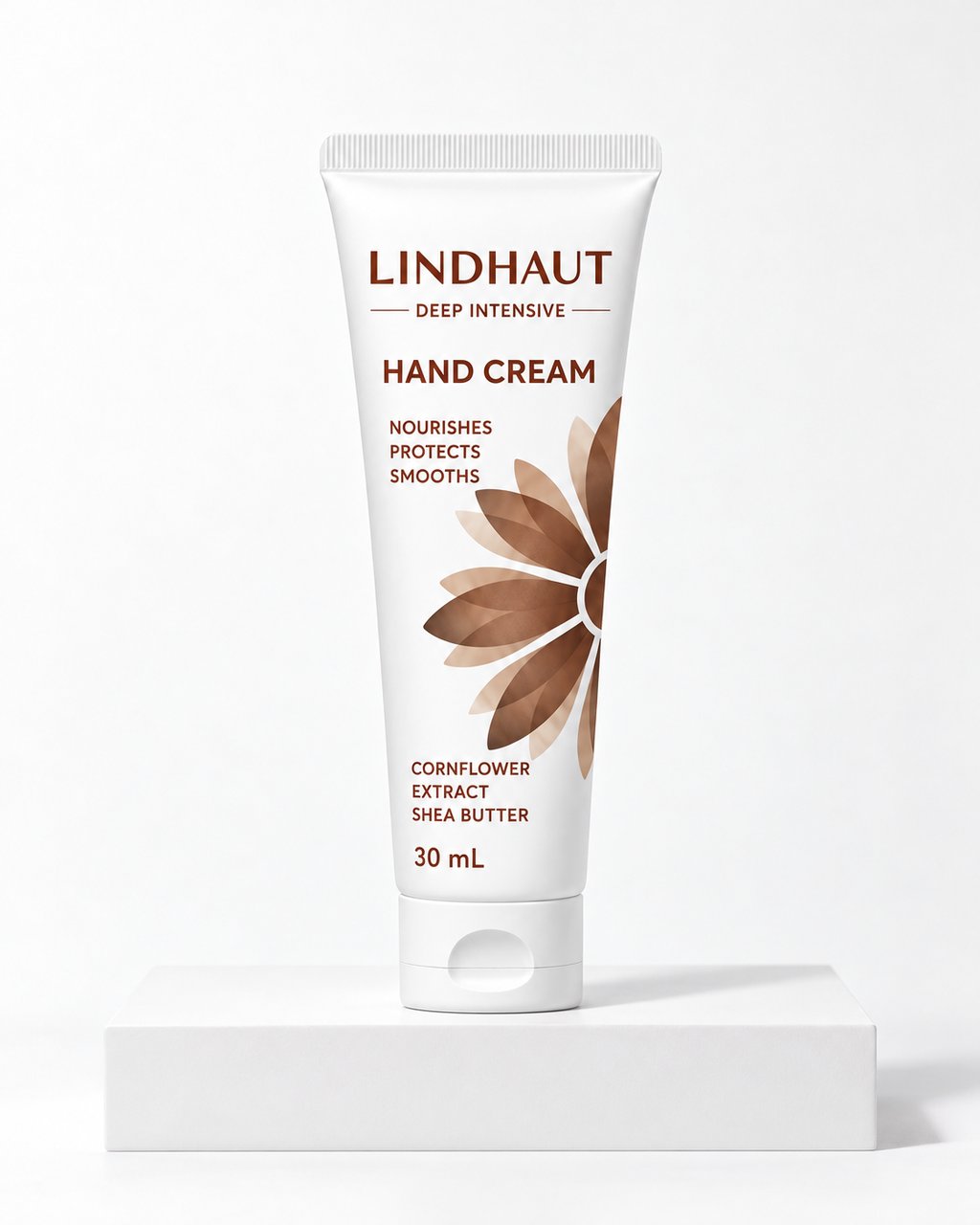 LINDHAUT Deep Intensive hand cream, 30 mL tube standing on a white block